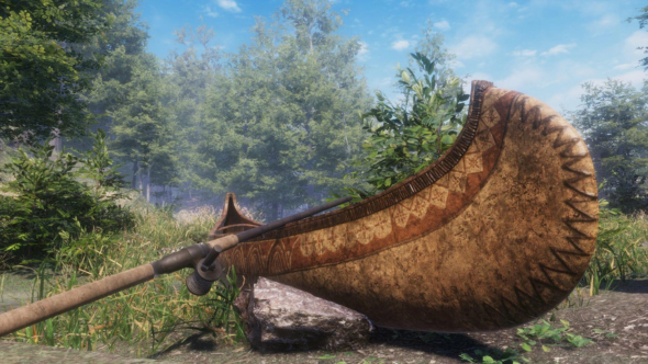 A metaverse image of an Indigenous canoe with greenery in the background