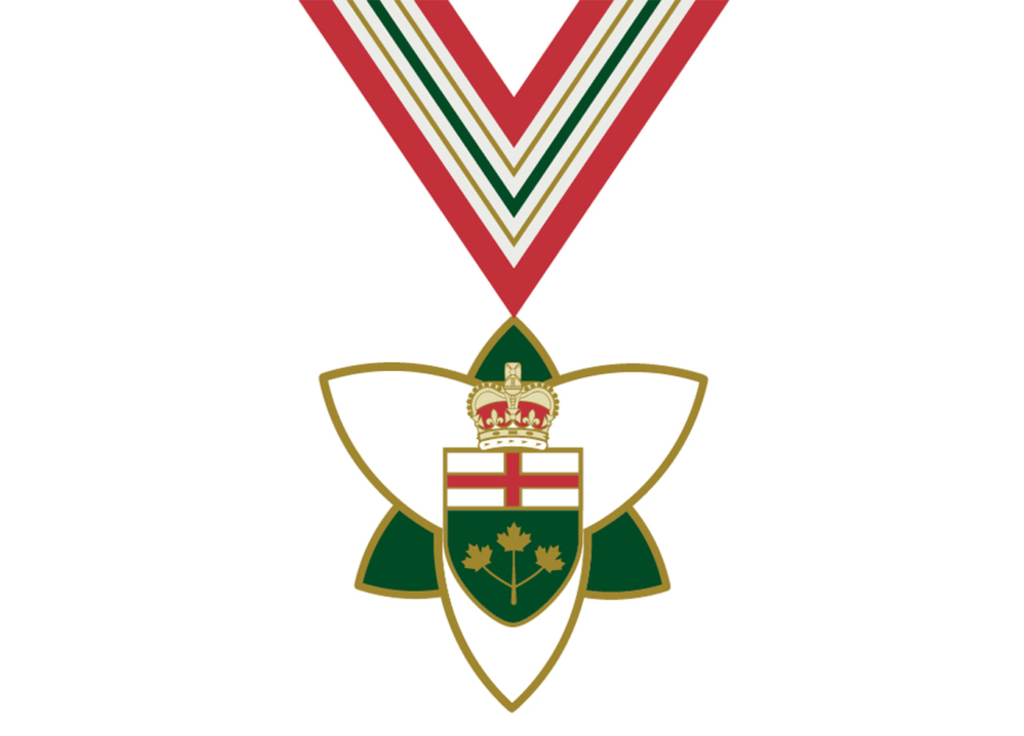 The Order of Ontario insignia. The main badge consists of a gold medallion in the form of a stylized trillium, the official provincial flower. The obverse is white enamel with gold edging, bearing at its centre the escutcheon of the arms of Ontario, all surmounted by a St. Edward's Crown symbolizing the Canadian monarch's role as the fount of honour. The order's ribbon is patterned with vertical stripes in red, green, white, and gold, reflecting the colours within the provincial coat of arms.