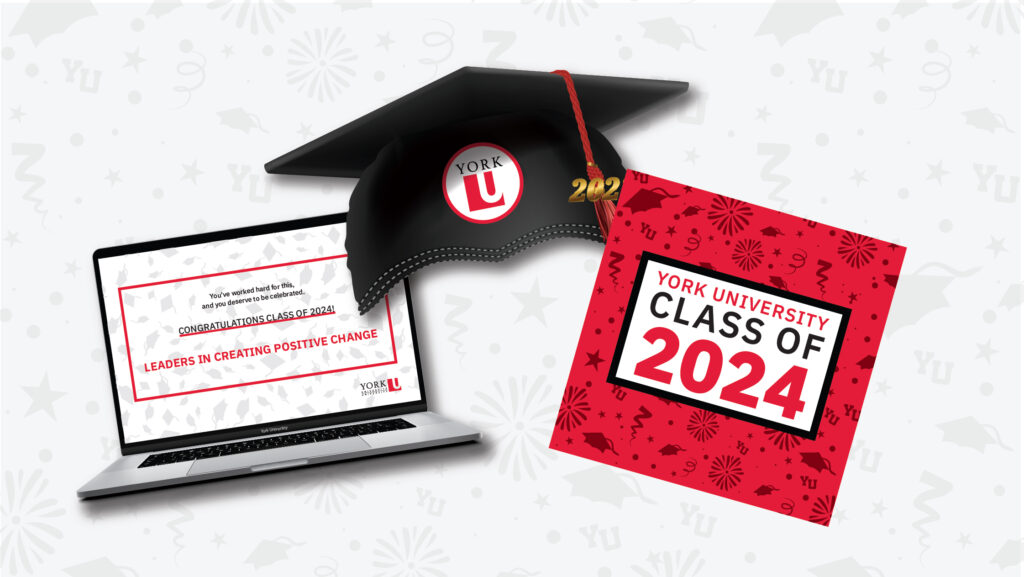 Graphics with a laptop, grad cap and Class of 2024 designed square.