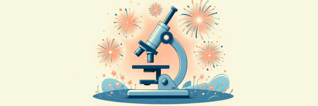 microscope with celebration fireworks around it