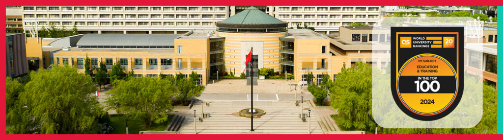 aerial drone image of Vari Hall (York University) with QS Times Higher Education rankings badge on far right of image