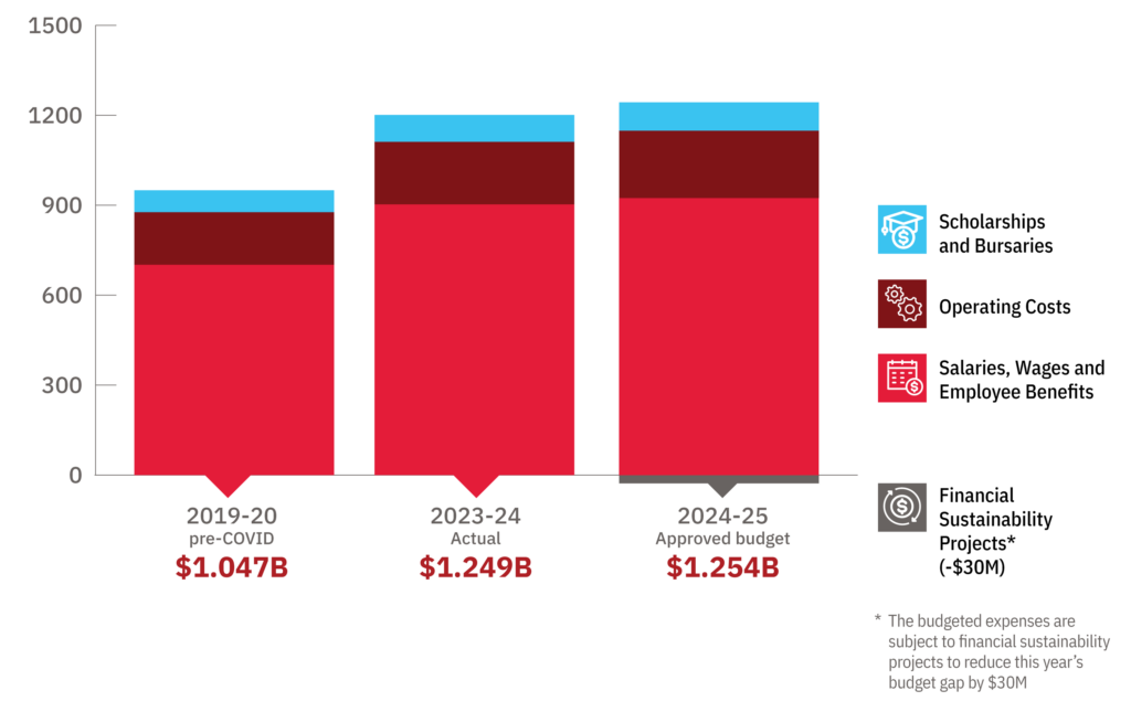 Graph showing the expenditures categories including scholarships, operating costs, salaries, and financial sustainability projects