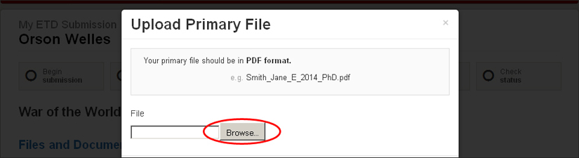 screenshot highlighting the upload primary file browse button
