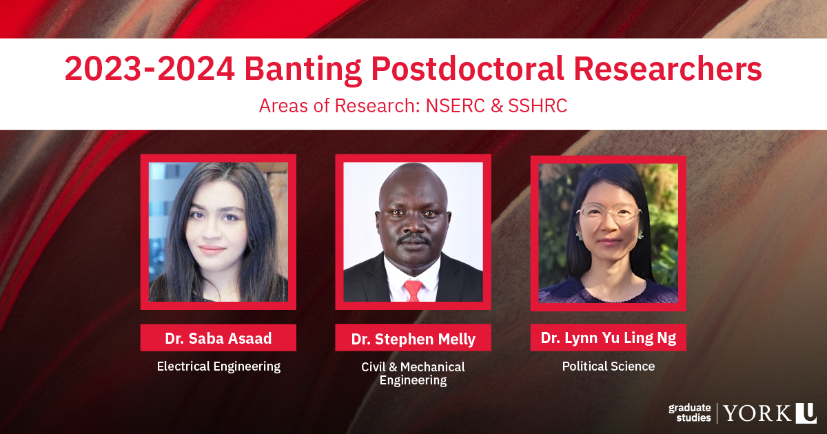 composite image of the three 2023–2024 Banting Postdoctoral Researchers, Dr Saba Asaad, Dr Stephen Melly and Dr Lynn Yu Ling Ng