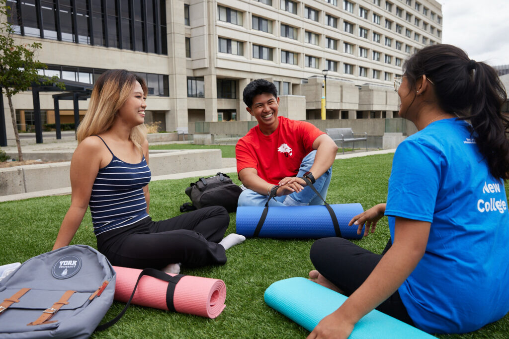 Students sitting outside on the grass with yoga mats engaging in a community event.