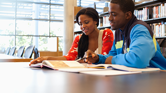 two students studying in a library