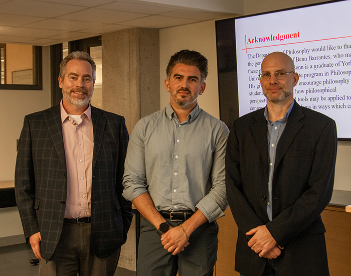 Tom McLagan, director of development, LA&PS; Benn Barrantes, donor; Michael Giudice, Chair of the Department of Philosophy.