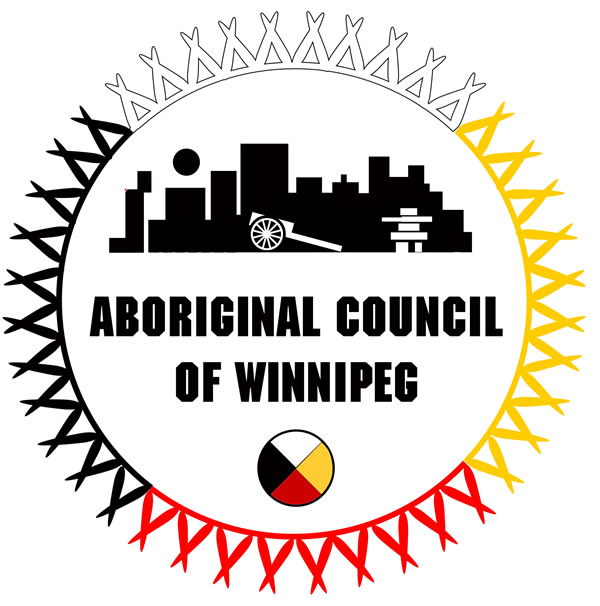 An image of the logo for The Aboriginal Council of Winnipeg. The logo is white, yellow, black, and red. It reads "Aboriginal Council of Winnipeg".