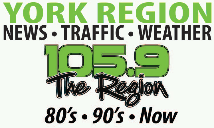 An image of the logo for York Markham Radio. The logo is green and black. The logo reads "York Region News Traffic Weather 105.9 The Region 80's 90's Now".