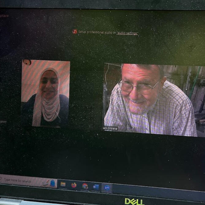 Ms. Ibhrahim and Dr. Greene, speaking via Zoom at the BBQ.