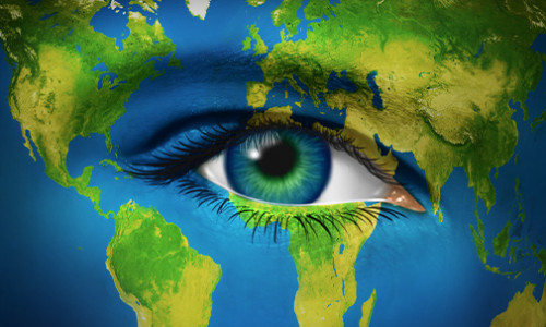 illustration of a blue-green eye in a blue-green map of the world