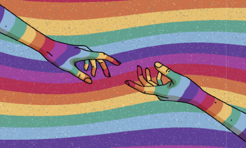illustration of two hands reaching for each other and pride colours in the background