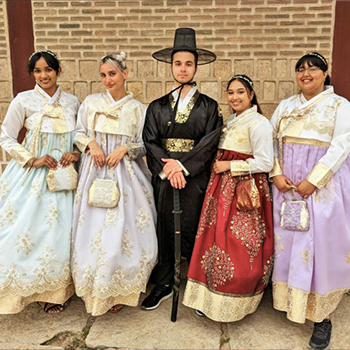 York students visiting Gyeongbokgung Palace dressed in traditional hanbok, from left: Oshini Gamage, Diana Shytakova, Jedd Kenedy, Sarah Persaud and Parmeen Khaira