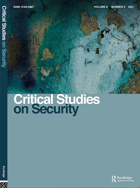 An image of a journal cover; it is blue with a very close up image of a rock on the top half. In the middle, it reads: Critical Studies on Security. On the bottom right corner of the image, there is a logo for Routledge. 