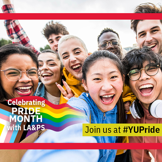 Diverse group of students taking a selfie, with a graphic design of the Pride flag. Text on the image reads 