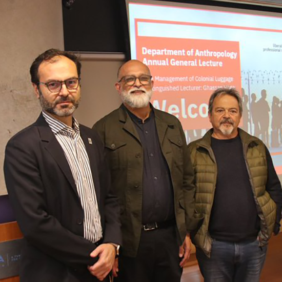 Associate Dean Ravi de Costa, Ghassan Hage and a colleague posing together for a photo.