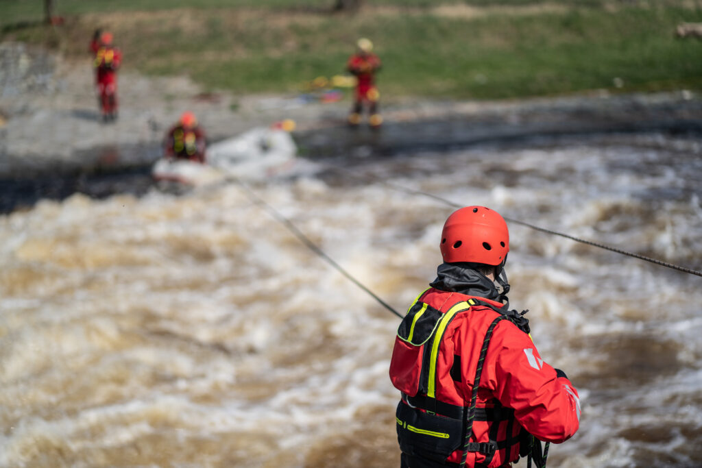 Firefighters training for a rescue operation.