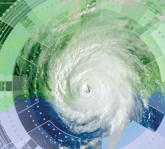 Graphic of a hurricane viewed from above over a circular colour field.