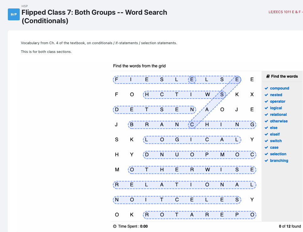 crossword H5P activity