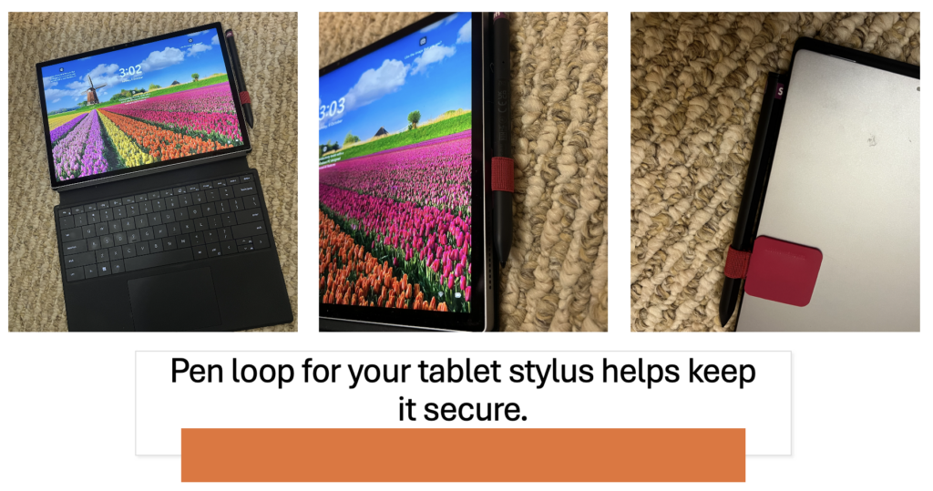 three images of a red pen loop attached to the back of a tablet.  It helps hold the stylus in place.