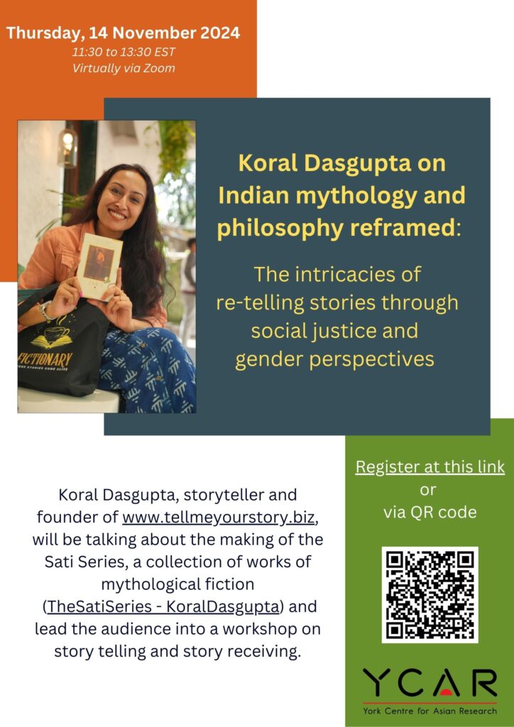 Poster, Koral Dasgupta on Indian mythology and philosophy reframed: The intricacies of re-telling stories through social justice and gender perspectives, 14 November 2024