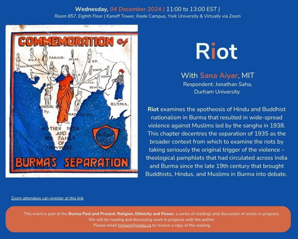 Poster, Riot with Sana Aiyar, Burma Past and Present series, 04 December 2024