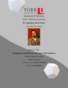 Poster advertising Dr. de la Torre Seminar on Oct. 29, 2024 in BC 320.