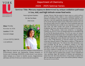 Poster advertising Dr. Kwon's Seminar on Nov. 14, 2024 in Calumet College Room 106.