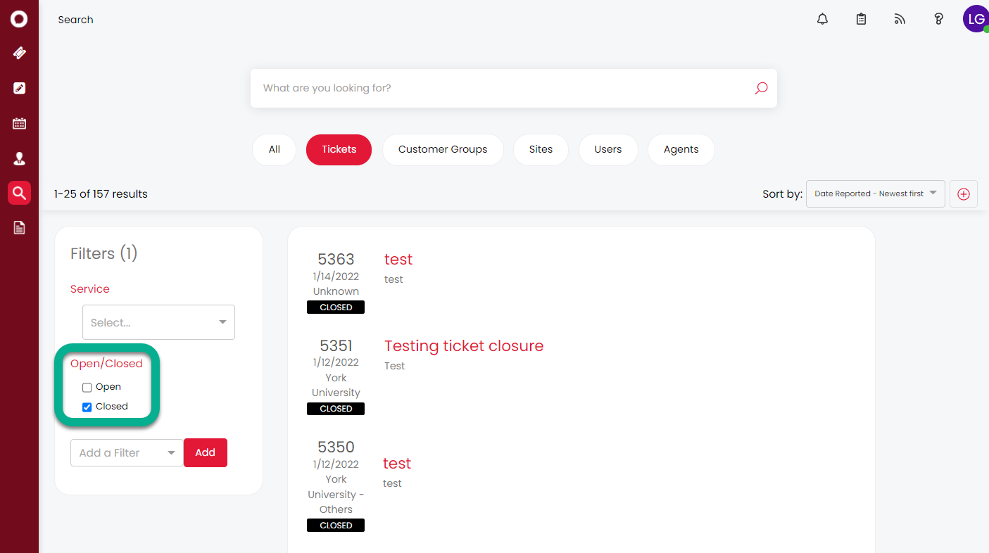 A dashboard showing the Open/Closed filter options for ticket searching. 