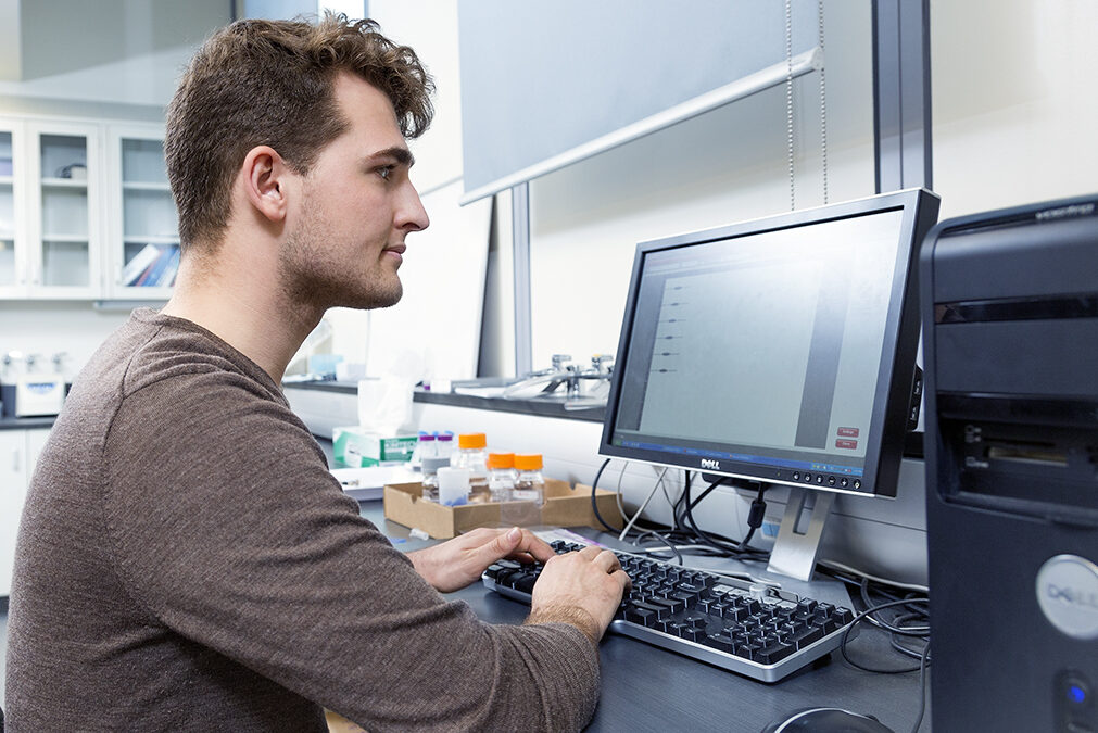 man sitting and working on a desktop computer 