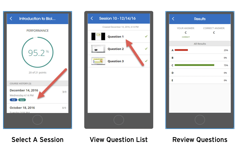 Instructions for reviewing past sessions on iClicker