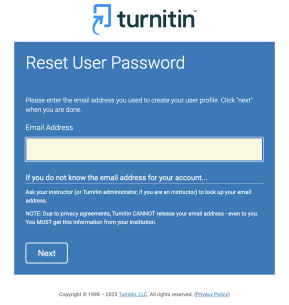 Turnitin reset password page