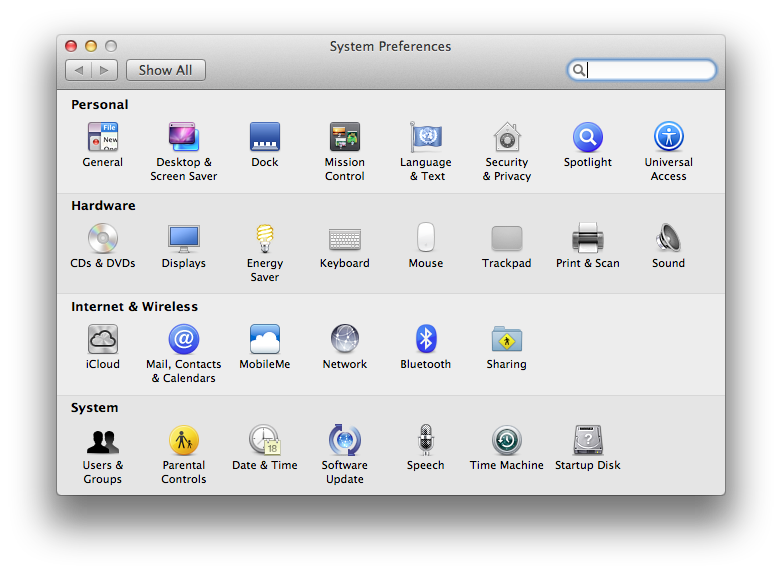 System preferences menu 