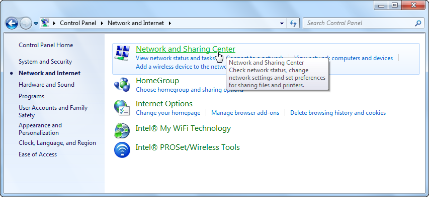 network and sharing center 