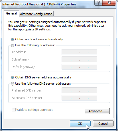 "Obtain an IP address automatically and "Obtain DNS server address automatically" are selected