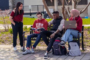 Group of students seated on a bench in front of a cherry blossom tree. One student is standing next to the bench.