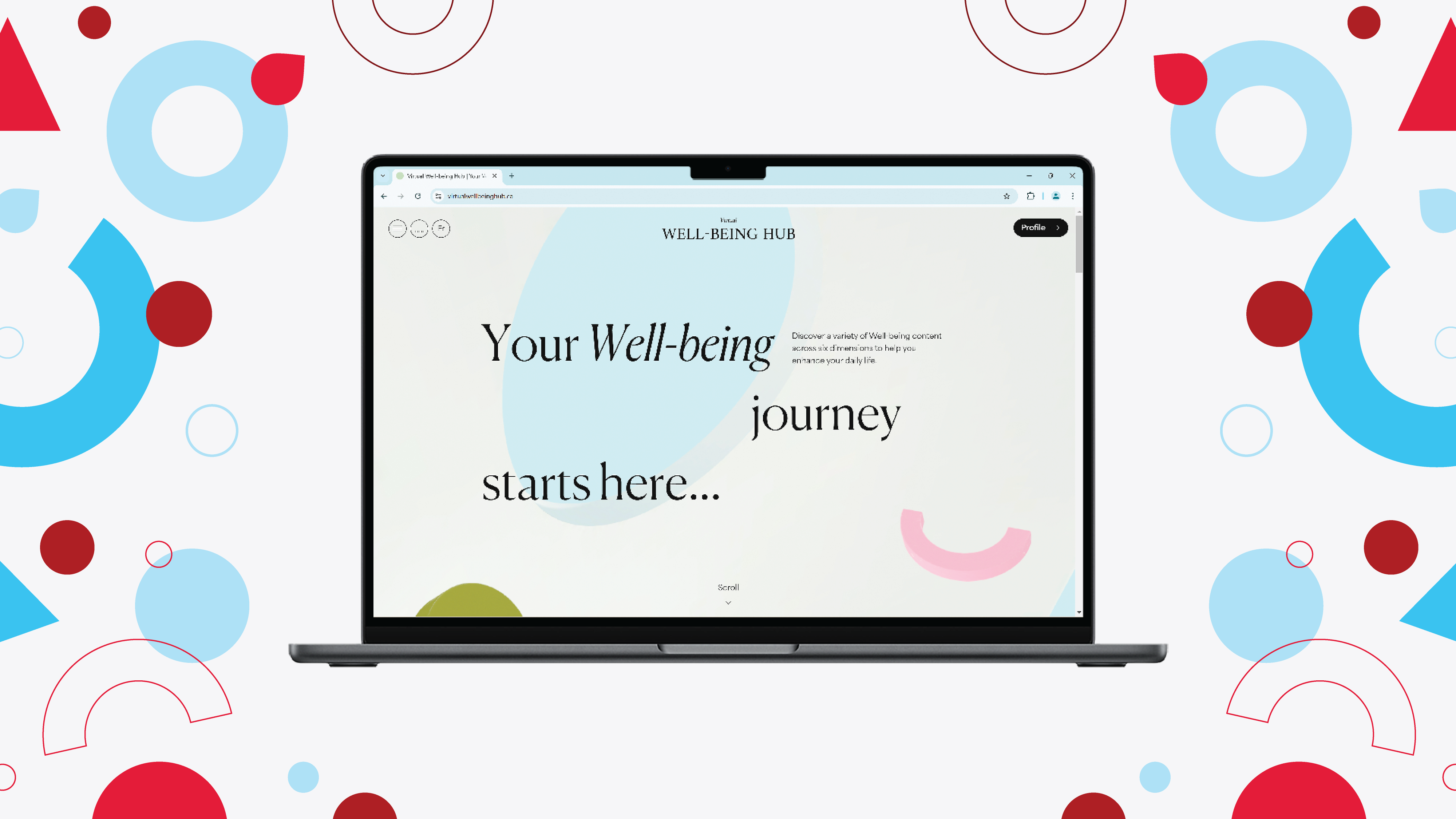 A laptop with the Virtual Well-being Hub homepage on the screen