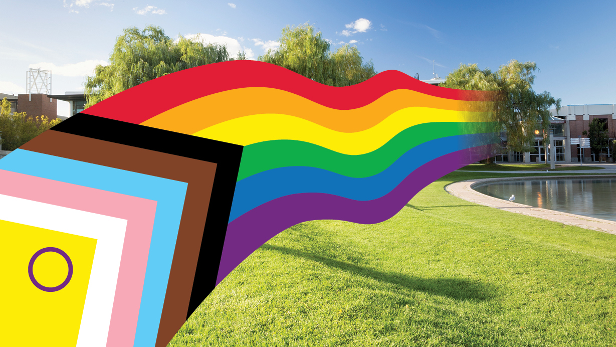 An animated intersex, trans and Brown and Black pride flag streaming over an image of the York Univesity Commons in the background