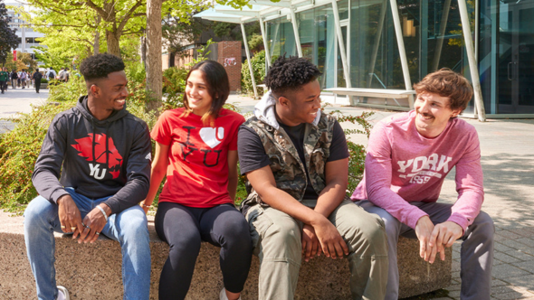 A group of diverse students sits in a row on a sunny day at York University