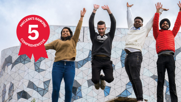 4 diverse students leap up into the air in joy. There is a red ribbon on the top left with a number 5 on it. 