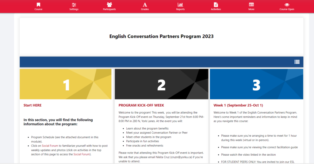 Screenshot of the English Conversation Partners Program home page on eClass