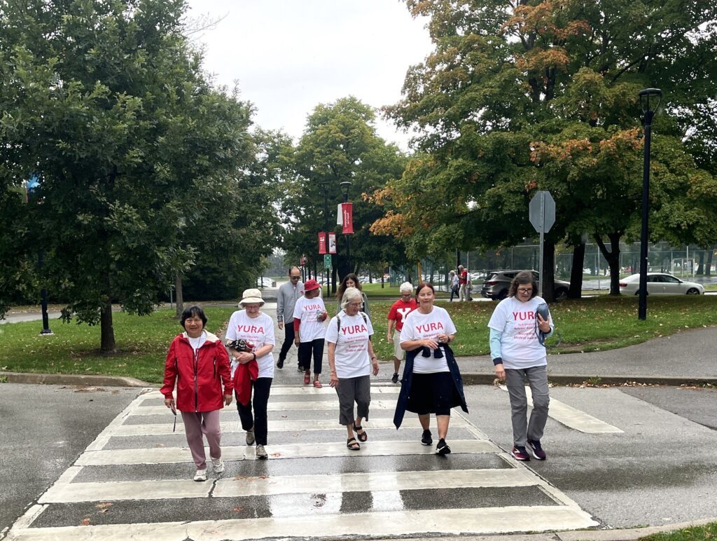 Members of the YURA walking team crossing the road near Founders College